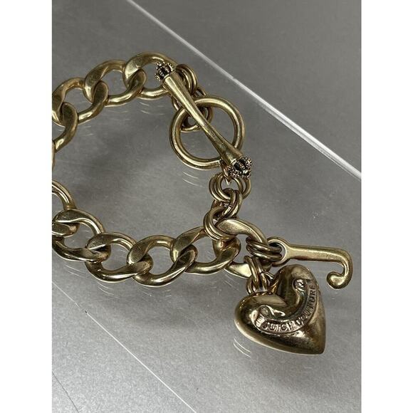 Juicy Couture Gold Chain Link Heart Toggle Bracelet J Charm Jewelry Y2K - Picture 2 of 4